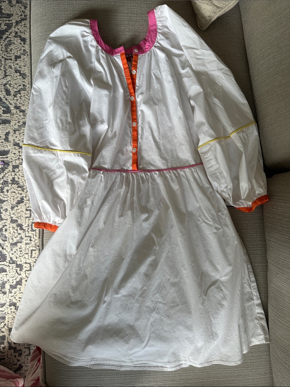 STAUD mini Demi White Cotton dress with Pink, Orange & Yellow Trim
